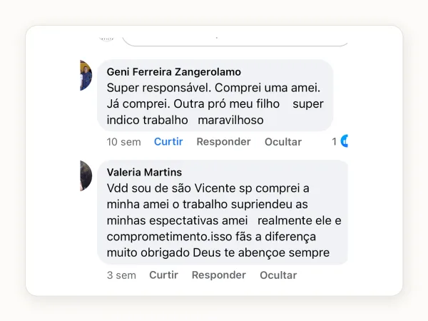 Comentários de clientes no Facebook